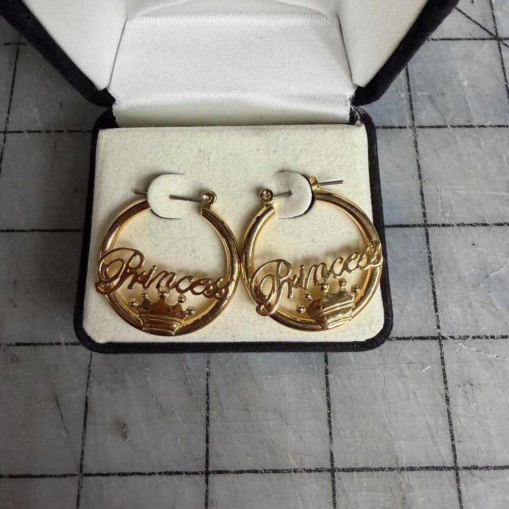 Princess Crown Hoop Earrings Gold Tone